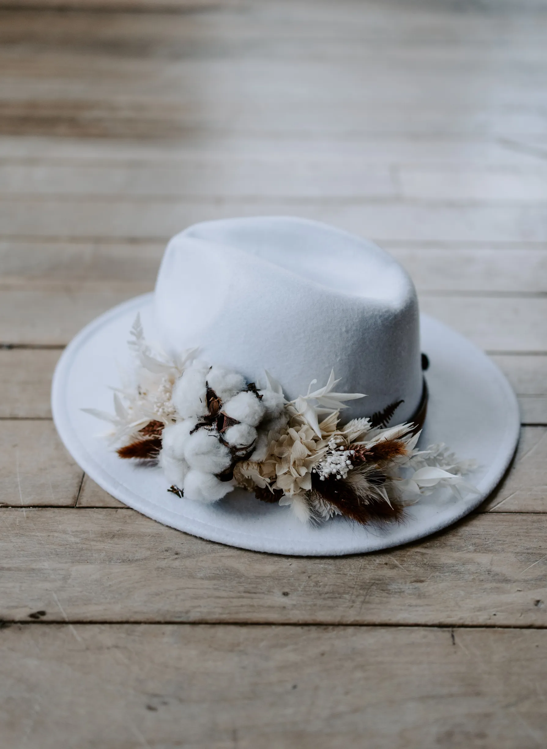Coco White Dried Flower Bridal Fedora Wedding Hat