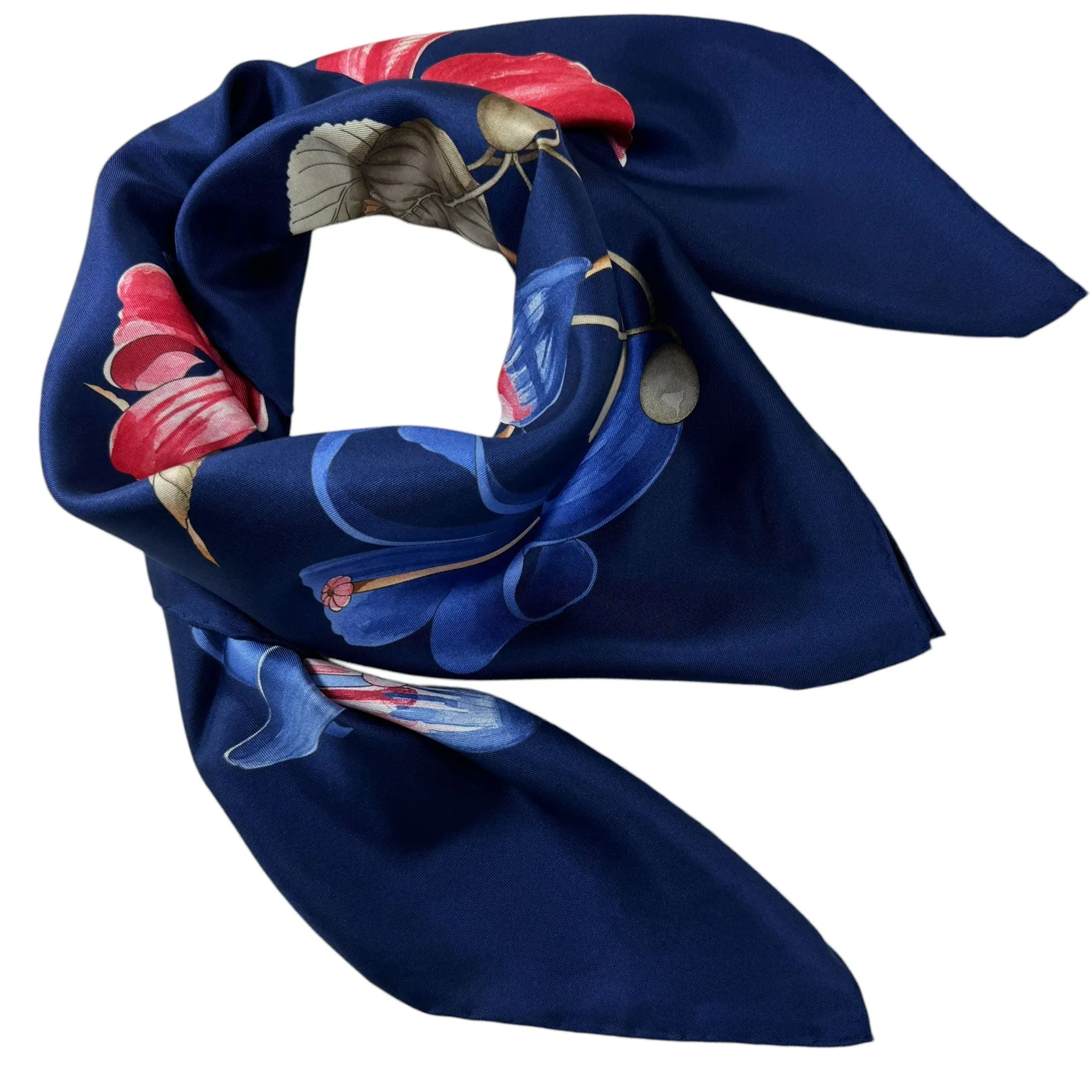 Ferragamo Scarf Royal Blue Hibiscus Floral Print - Twill Silk Foulard - New Collection