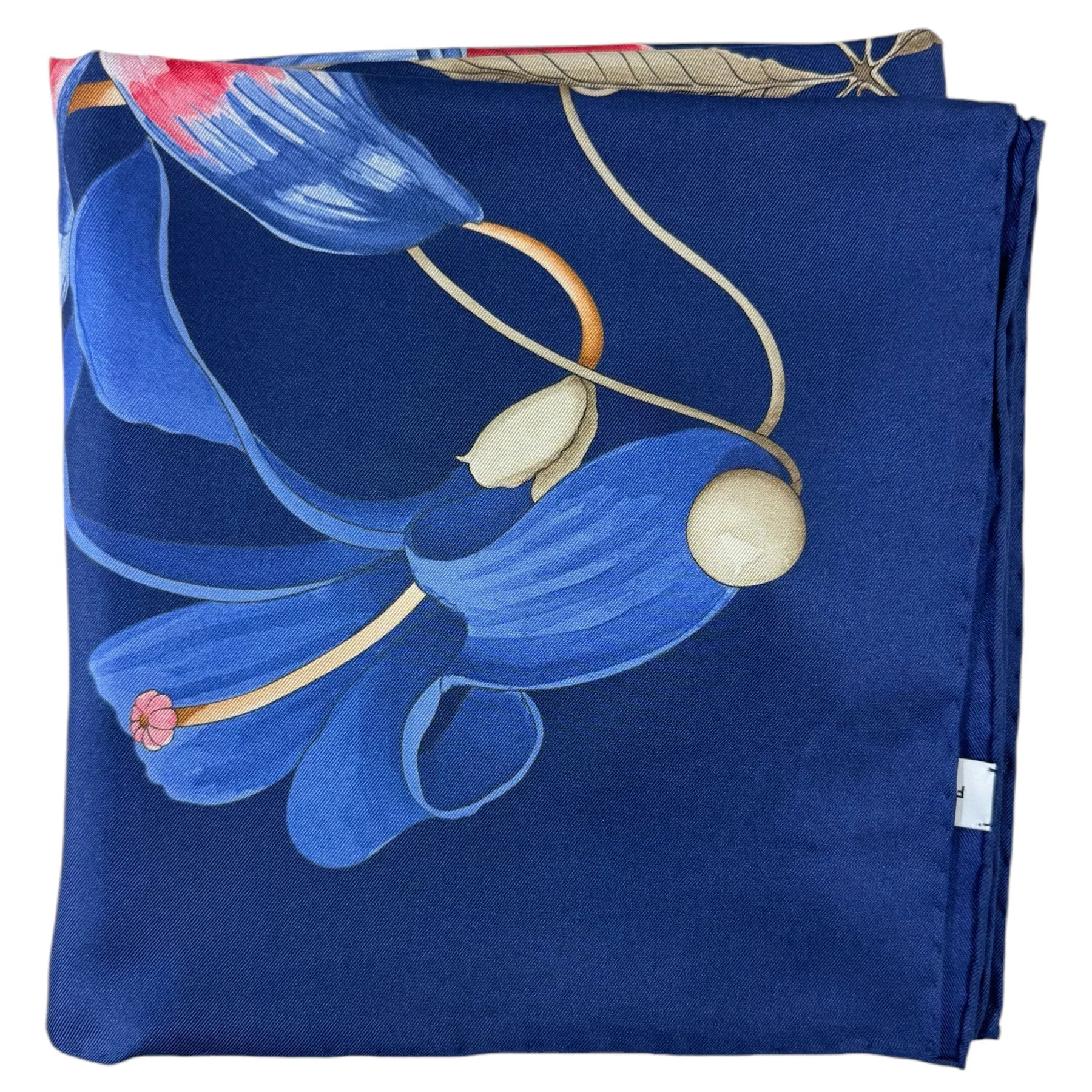 Ferragamo Scarf Royal Blue Hibiscus Floral Print - Twill Silk Foulard - New Collection
