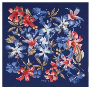 Ferragamo Scarf Royal Blue Hibiscus Floral Print - Twill Silk Foulard - New Collection