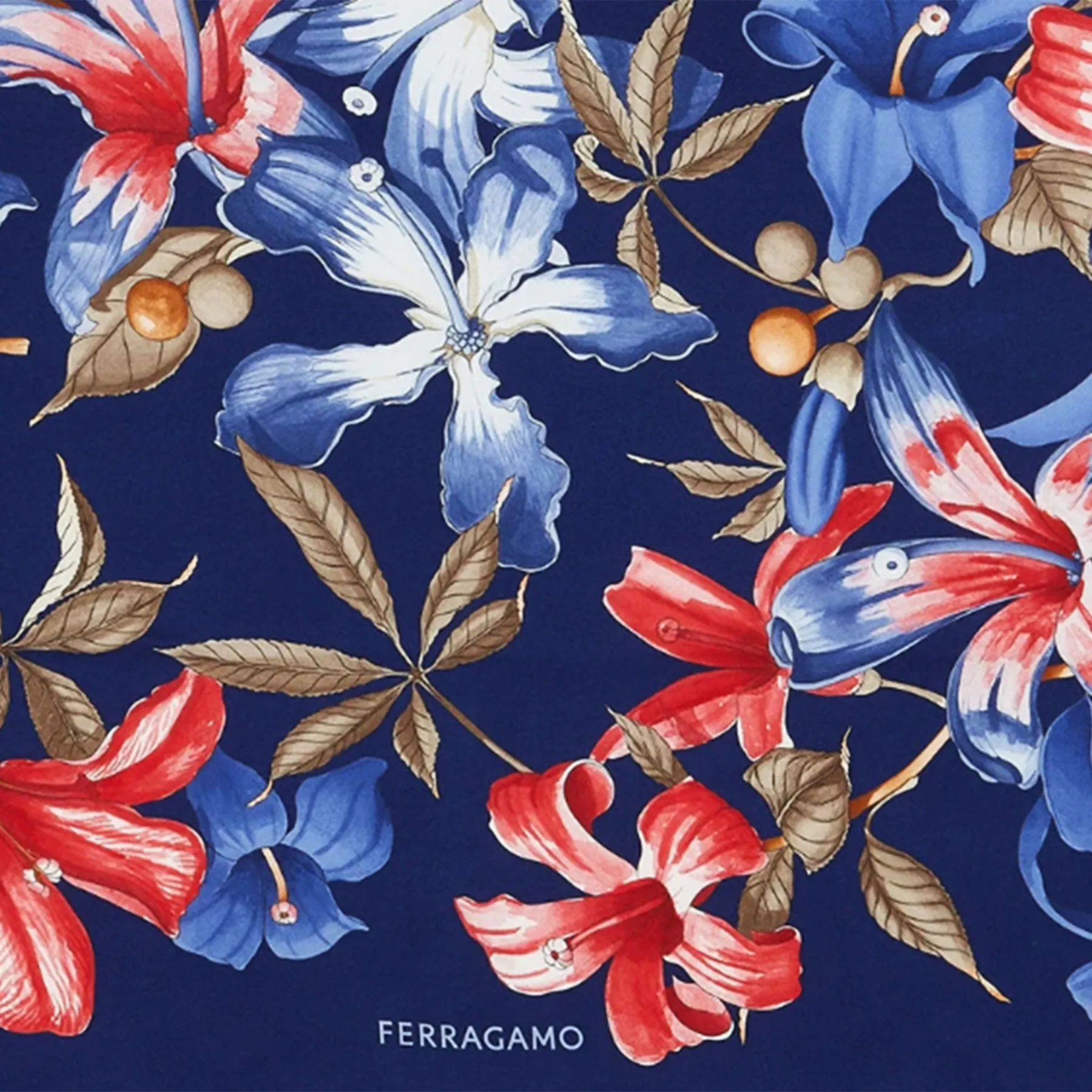 Ferragamo Scarf Royal Blue Hibiscus Floral Print - Twill Silk Foulard - New Collection