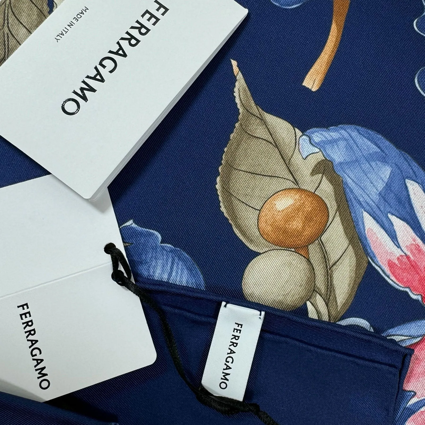Ferragamo Scarf Royal Blue Hibiscus Floral Print - Twill Silk Foulard - New Collection
