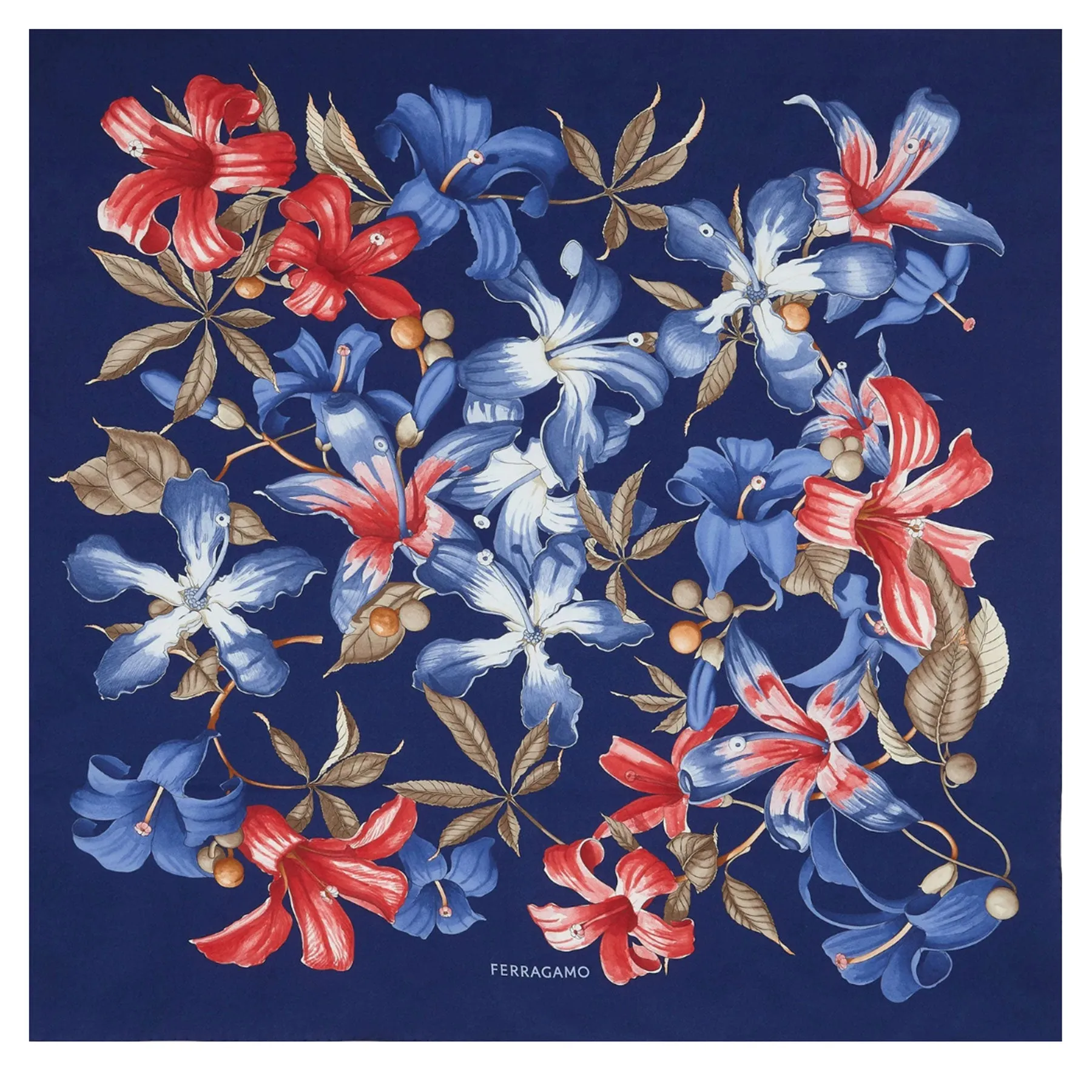 Ferragamo Scarf Royal Blue Hibiscus Floral Print - Twill Silk Foulard - New Collection