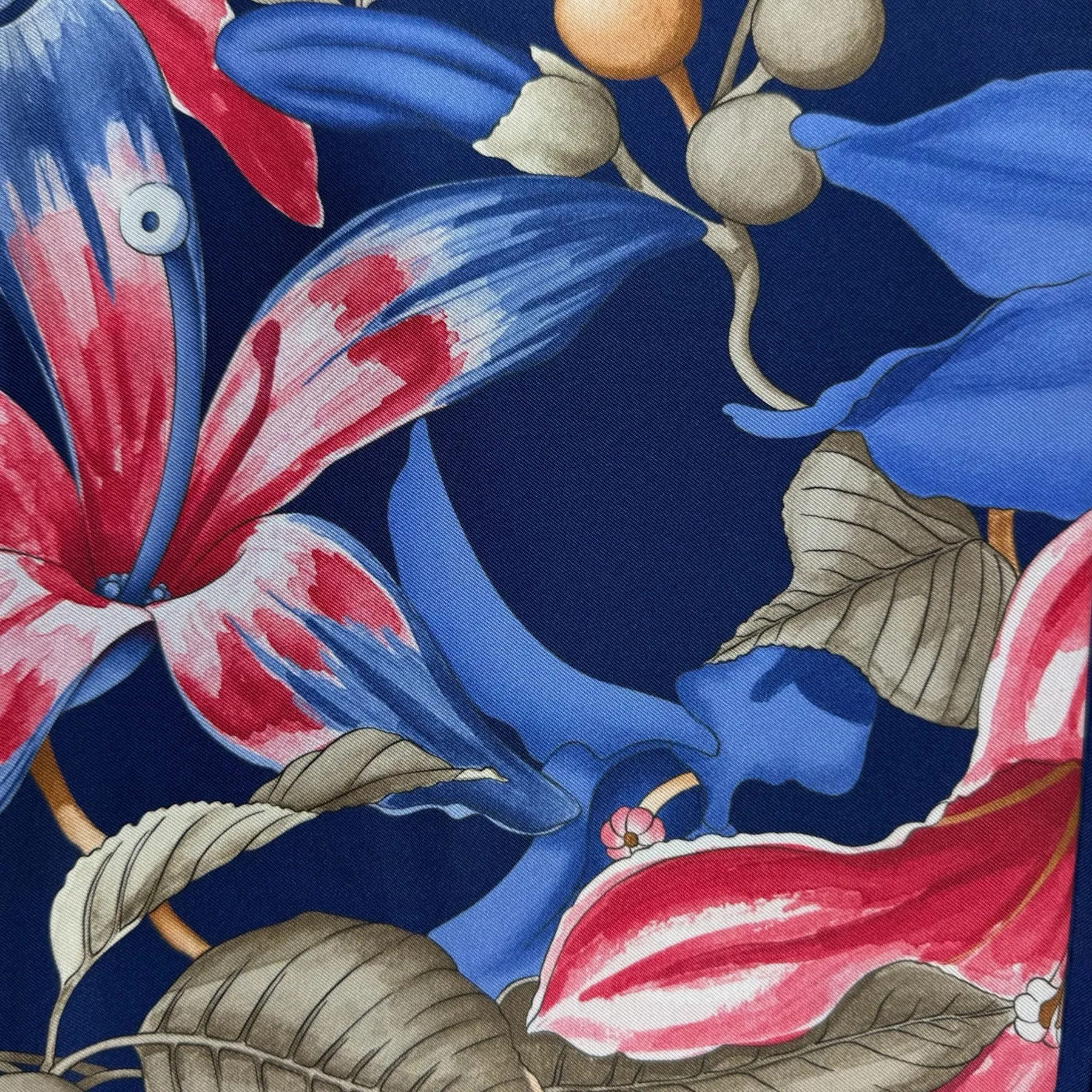 Ferragamo Scarf Royal Blue Hibiscus Floral Print - Twill Silk Foulard - New Collection