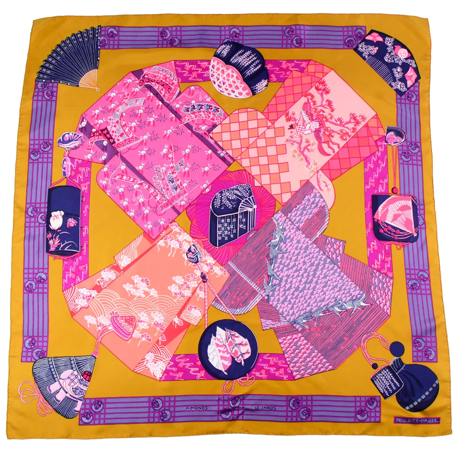 Hermes Kimonos et Inros by Annie Faivre Vintage Silk Scarf.