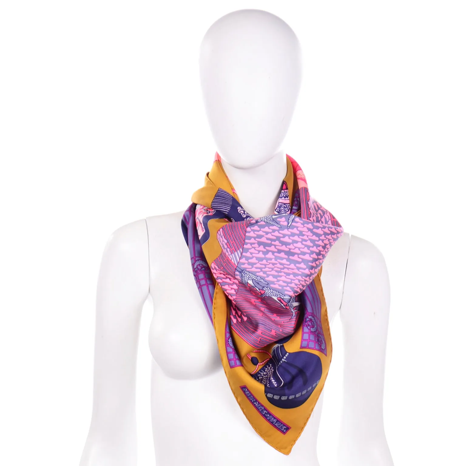 Hermes Kimonos et Inros by Annie Faivre Vintage Silk Scarf.