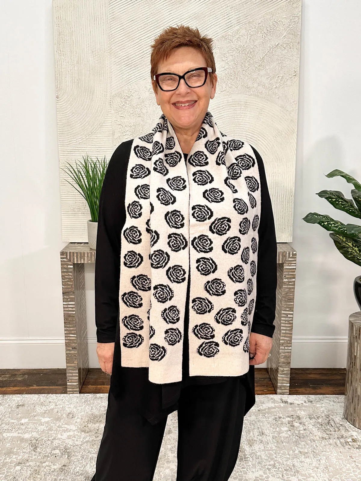 Rose Pattern Studded Knit Scarf, Ivory