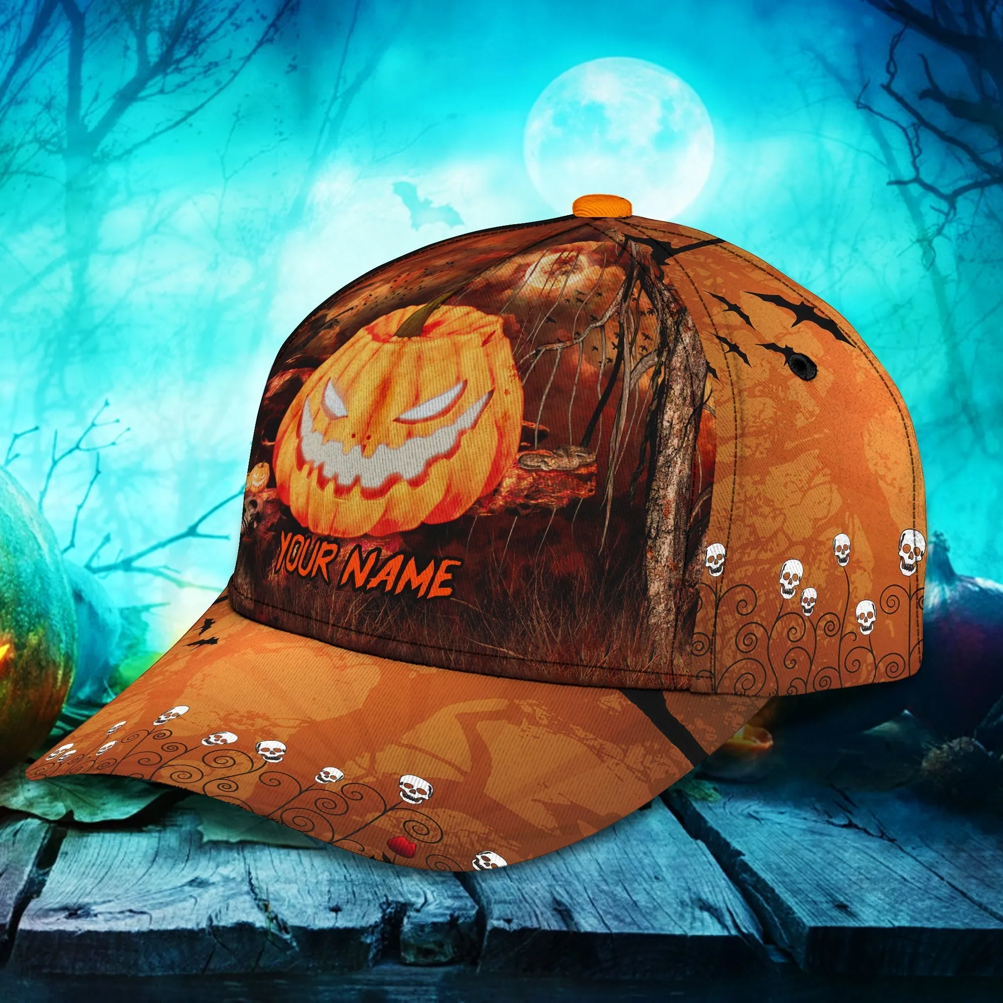 Skull Pumpkin Carving Halloween Hats Unisex Custom Text Trucker Cap, Halloween Cap with Adjustable Snap