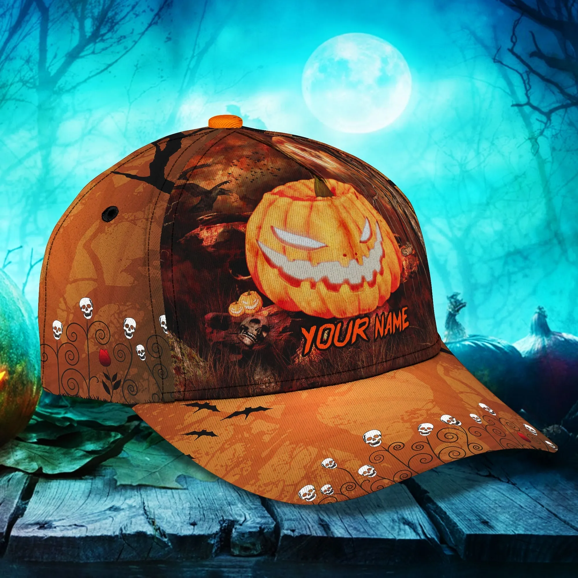 Skull Pumpkin Carving Halloween Hats Unisex Custom Text Trucker Cap, Halloween Cap with Adjustable Snap