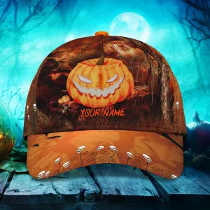 Skull Pumpkin Carving Halloween Hats Unisex Custom Text Trucker Cap, Halloween Cap with Adjustable Snap