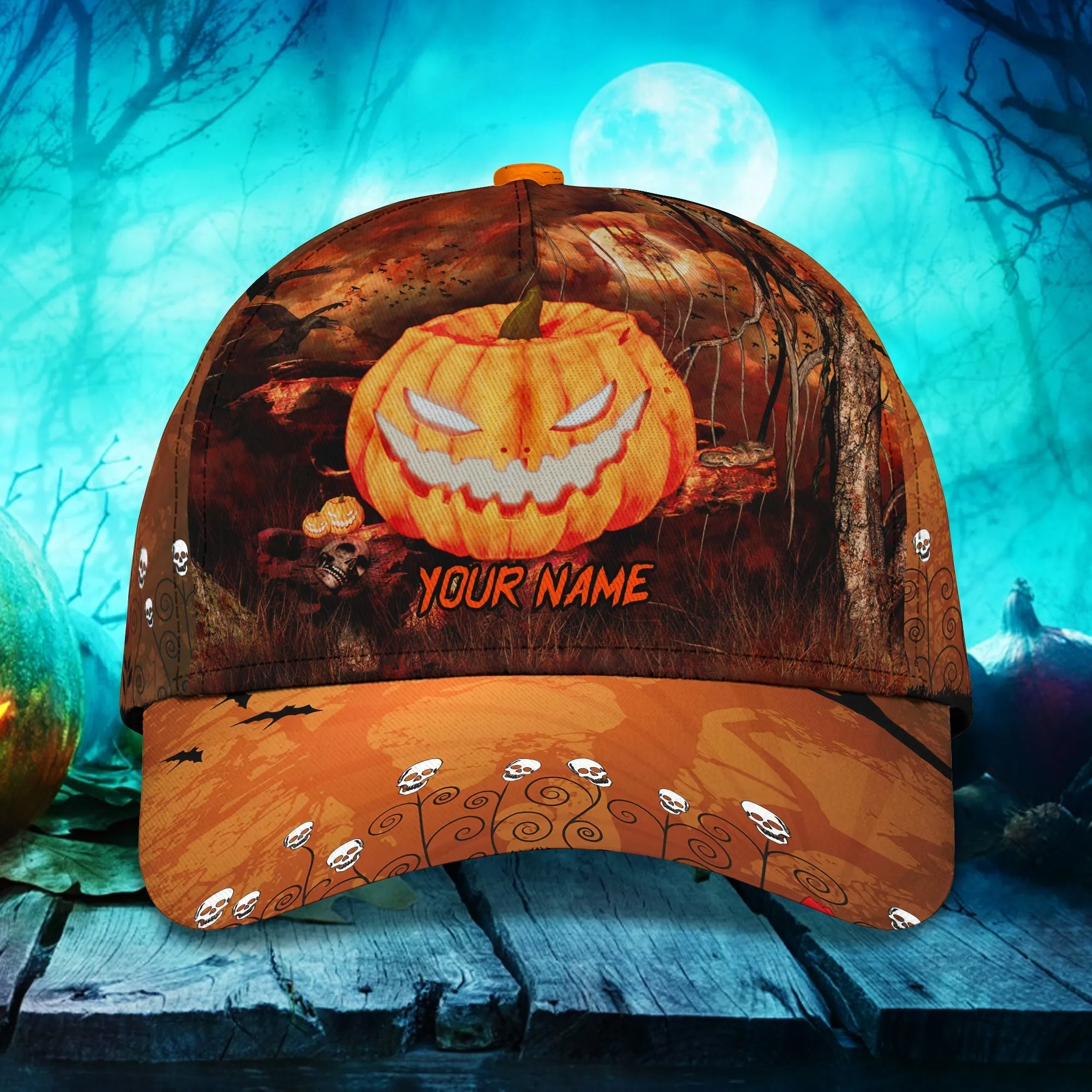 Skull Pumpkin Carving Halloween Hats Unisex Custom Text Trucker Cap, Halloween Cap with Adjustable Snap